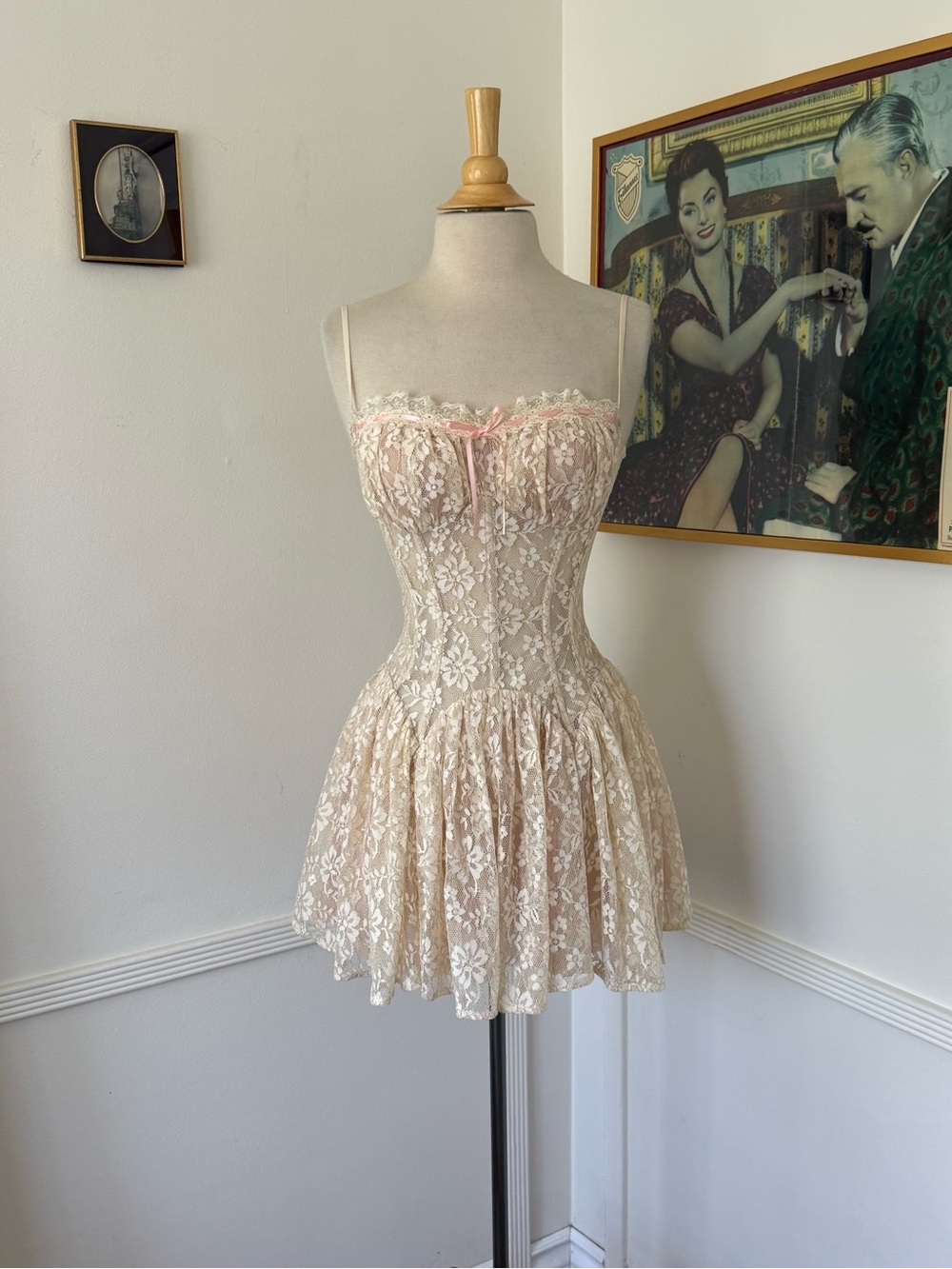 Cream Lace Babydoll Chemise with Pink Ribbon Accent - Picture 2 of 6
